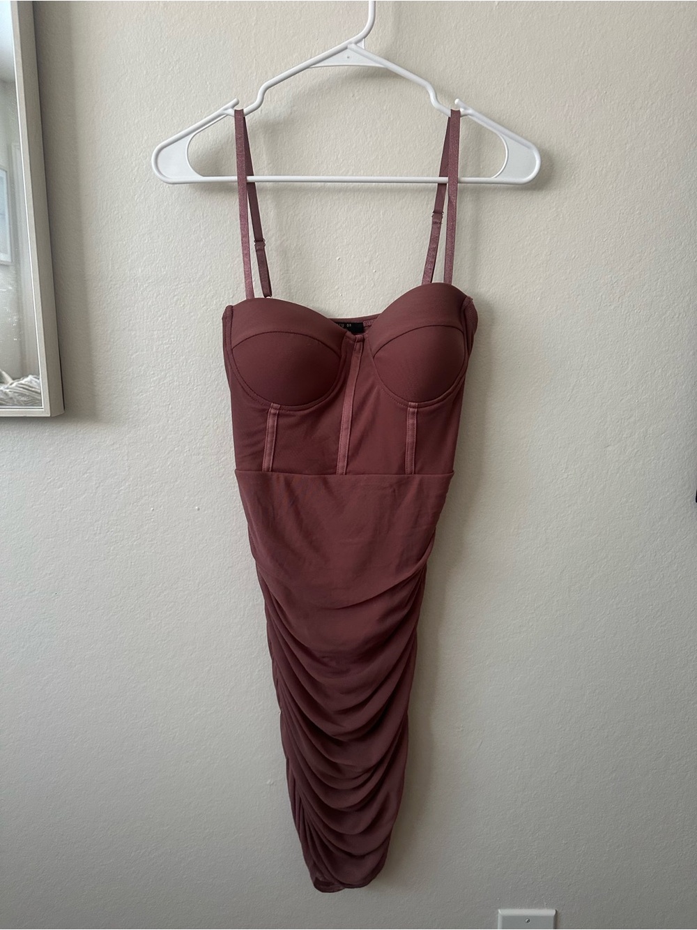 Angels Strapless-Style Ruched Midi Dress in Dusty Rose